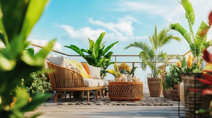 Fototapeta premium with vibrant textiles, rattan furniture, and large potted plants under a sunny sky
