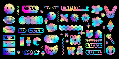 Fototapeta premium Y2K metal sticker. Graphic anime element. Label design. Gradient hologram. Abstract tag. Rave party. Vintage sign badge. Futuristic silver shapes. Metallic smile. Vector garish retro fun icons set