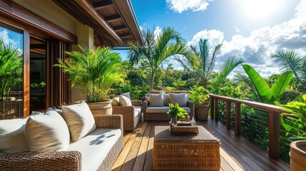 with woven furniture, large potted palms, and a natural wood deck under a sunny sky