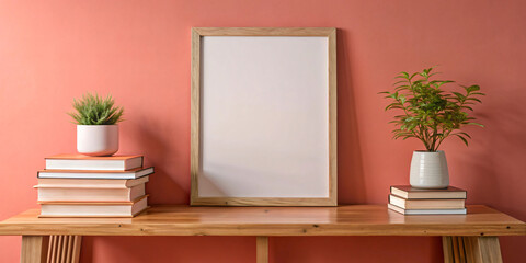 Scandinavian room interior with mock up photo frame on the wooden modern shelf with beautiful dry grass in differents hipster and design pots. Modern and floral concept of shelfs.