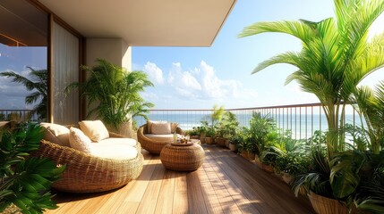 Fototapeta premium with woven furniture, large potted palms, and a natural wood deck under a sunny sky