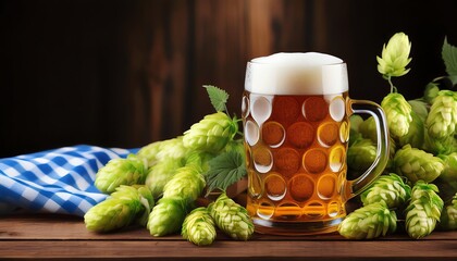 Bavarian beer mug with beer and green hops on a wooden table, Oktoberfest, Dult, folk festival, party