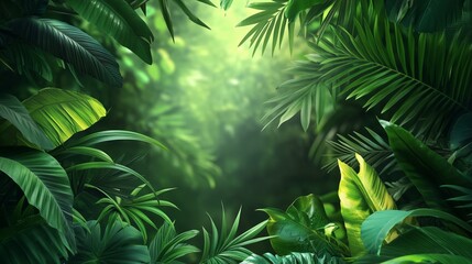 Lush green foliage creates a serene pathway through a dense tropical jungle during the day, showcasing nature's vibrant ecosystem