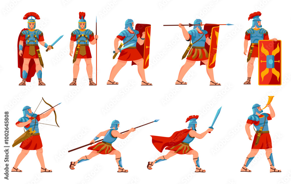 Wall mural Cartoon roman soldiers. Armored soldier ancient rome empire army, warrior character armor helmet with sword shield history legion fight warriors mascot, recent vector illustration