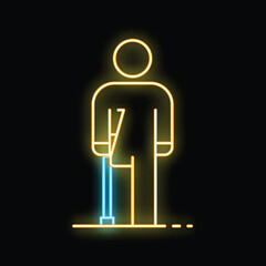 Neon sign illustrating a person standing and using crutches for mobility assistance