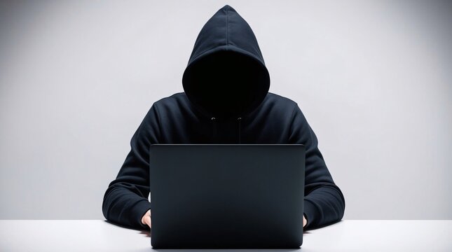 3D Render of a Person in a Black Hoodie Typing on a Black Laptop, Seated Against a White Wall in a Flat Design Style