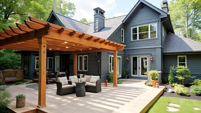 Modern Home with Wood Pergola and Patio