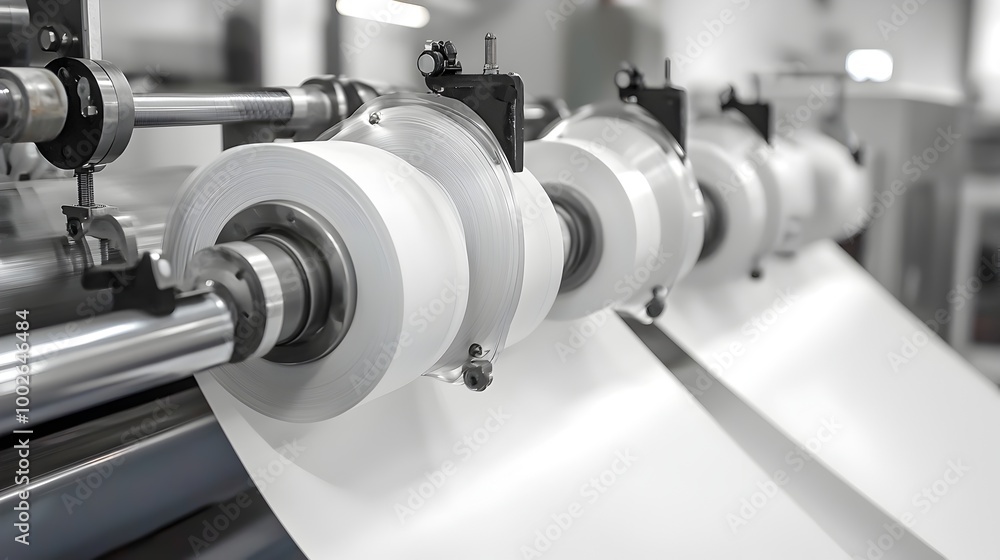 Poster sleek printing press rollers feeding crisp white paper for efficient modern workflow