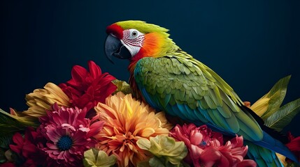 Fototapeta premium Vibrant Parrot Perched Amidst Lush Blooming Flowers