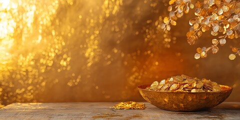 A bowl brimming with gold coins sits against a glowing, glittering, and luxurious backdrop.