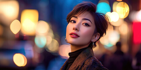 A woman with short hair and a black jacket is standing in front of a city street