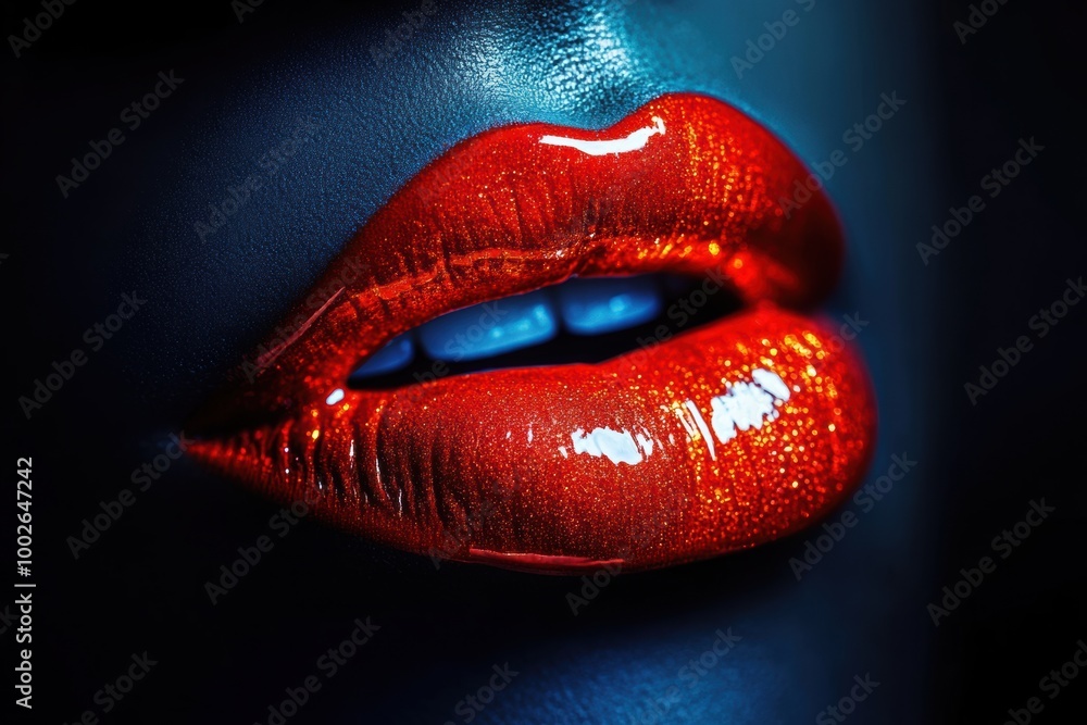 Aufkleber Close-up of glossy lips with vibrant red shine illuminated in low light setting. Generative AI