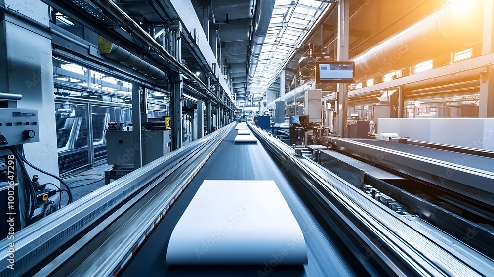 Aufkleber bright and efficient print shop with automated paper conveyors