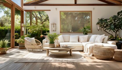 Obraz premium a stylish gorgeous craftsman design-themed living room, set against an uncluttered background to highlight the central elements, backyard patio and indoor space