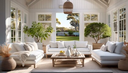 Fototapeta premium a stylish gorgeous craftsman design-themed living room, set against an uncluttered background to highlight the central elements, backyard patio and indoor space