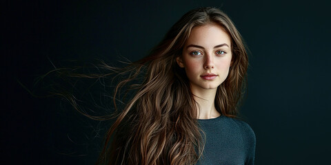Fototapeta premium A woman with long brown hair is standing in front of a dark background