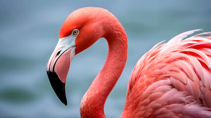 Fototapeta premium A flamingo is standing in the water with its head up