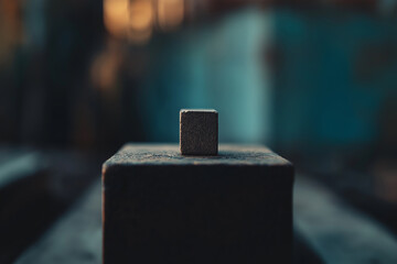 A metallic cube perched on a block stands out against a softly blurred background in gentle lighting.