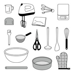 モノクロのシンプルなお菓子作りの基本道具イラストセット