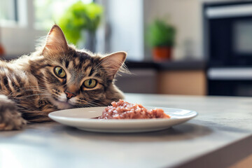 A content cat lying next to a plate of gourmet fish-flavored wet cat food in a chic, modern home kitchen.