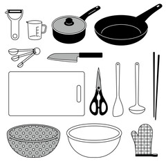 モノクロのシンプルな調理器具イラストセット
