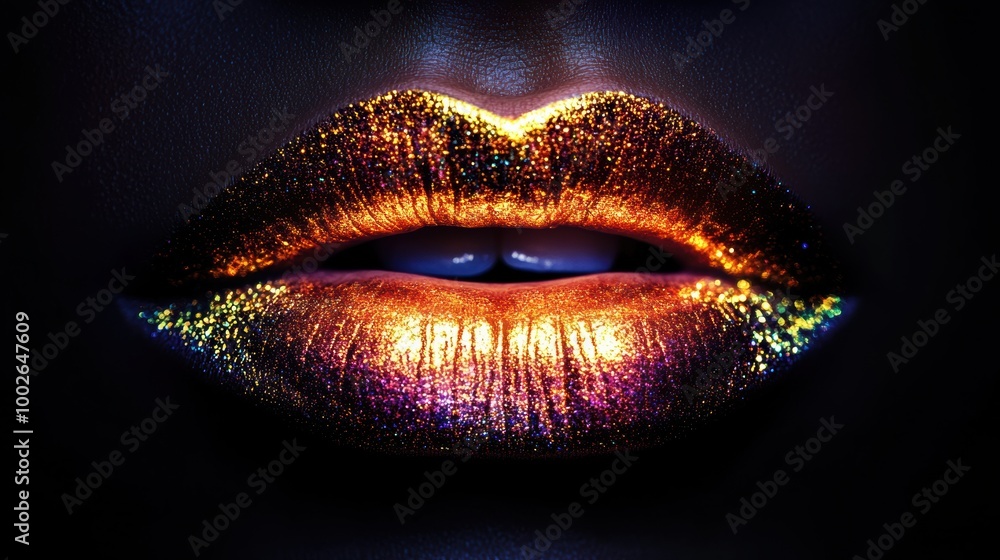 Poster close-up of glossy lips adorned with vibrant shimmer showcasing stunning reflections in dramatic lig