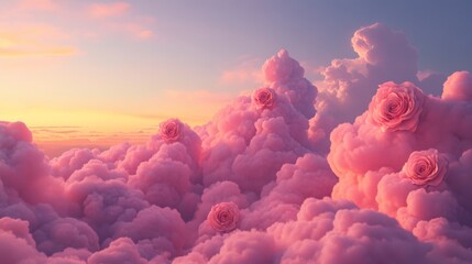 A few fluffy clouds shaped like roses floating in a pastel sunset sky, The scene captures the essence of romance