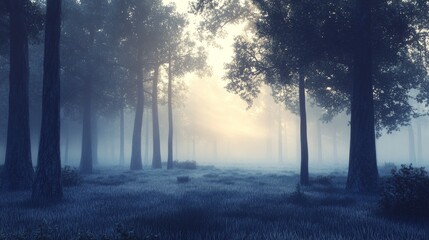 Naklejka premium A fog-covered forest at dawn, with soft light diffusing through the trees