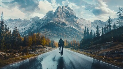 Adventurous Cyclist Traversing Majestic Mountain Landscape in Double Exposure