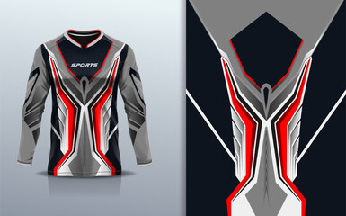 Sport jersey long sleeve design template mockup stripe line racing for motocross motorcycle football soccer, racing, e sports, black red gray color © Nimpuna O