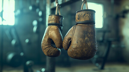 A pair of boxing gloves left hanging on a hook, symbolizing the end of a specific boxer's career and his retirement. The gloves serve as a memento of him.