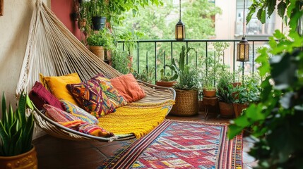 with vibrant cushions, woven hammocks, and hanging lanterns, perfect for a laid-back outdoor space