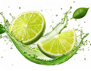 fresh fruity lemon pieces, orange and lime pieces on white background with a splash of water