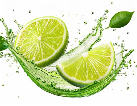 fresh fruity lemon pieces, orange and lime pieces on white background with a splash of water