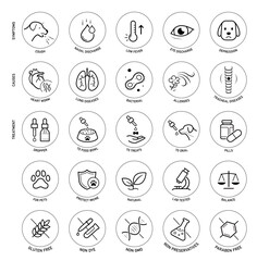 Naklejka premium Dogs kennel cough icons set for pets health products, diseases. The outline icons are well scalable and editable. Contrasting elements are good for different backgrounds. EPS10. 