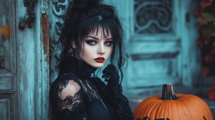Fototapeta premium Dark Gothic Halloween Aesthetic with Pumpkins and Mysterious Girl