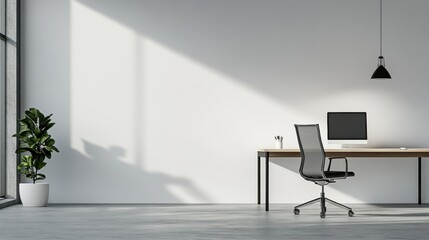 Fototapeta premium Minimalist home office with a desk, chair, computer, plant, and a hanging lamp