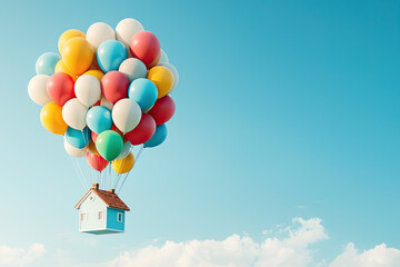 Naklejka premium A whimsical house floating in the sky with colorful balloons, evoking feelings of freedom and adventure.