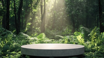 Serene Forest Scene with Circular Platform and Sunlight
