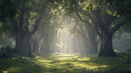 Obraz premium A misty forest at dawn, with faint rays of sunlight filtering through the thick canopy