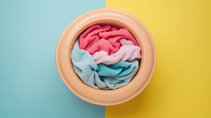 Colorful soft fabric arranged in a bowl on a vibrant background.