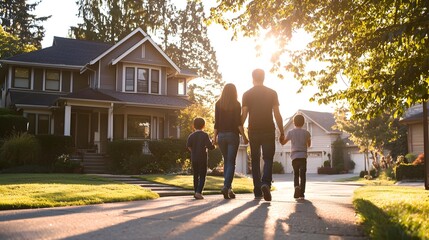 Harmonious Family Stroll Through Serene Suburban Landscape
