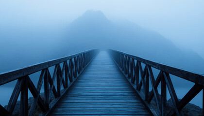 Fototapeta premium Misty wooden bridge leading to a serene mountain in the fog.