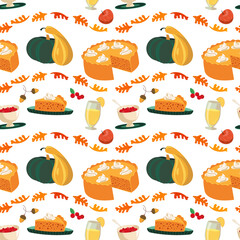 Holiday pumpkin pies cute vector seamless pattern. Thanksgiving festive dishes, red cranberries, apple, pumpkin pie cartoon design decorative element. Harvest Feast celebration background illustration