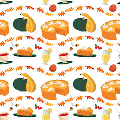Holiday pumpkin pies cute pattern. Thanksgiving festive dishes, red cranberries, apple, pumpkin pie cartoon design decorative element. Harvest Feast celebration background illustration