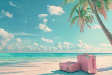 Obraz premium A beach scene with three pink suitcases and a palm tree
