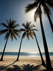 Tall palm trees stretch against a bright blue sky, their silhouettes casting long shadows on the sandy beach.