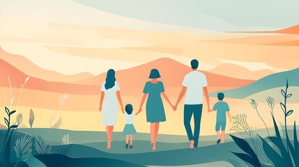 Fototapeta premium Minimal of Family Walking Through Abstract Landscape