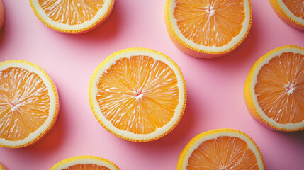 Obraz premium Vibrant orange slices arranged on a pastel pink background, showcasing their bright color and fresh texture, perfect for food photography.