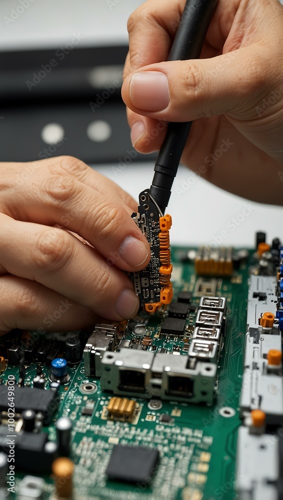 Poster technician disassembling a motherboard for component recovery.